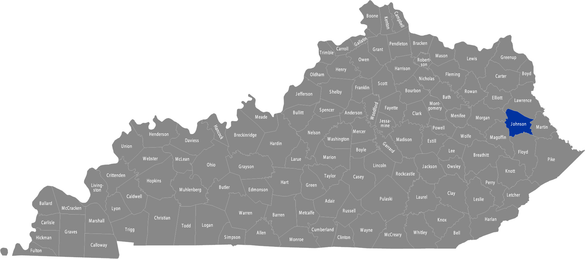State of Kentucky map with Johnson County highlighted 